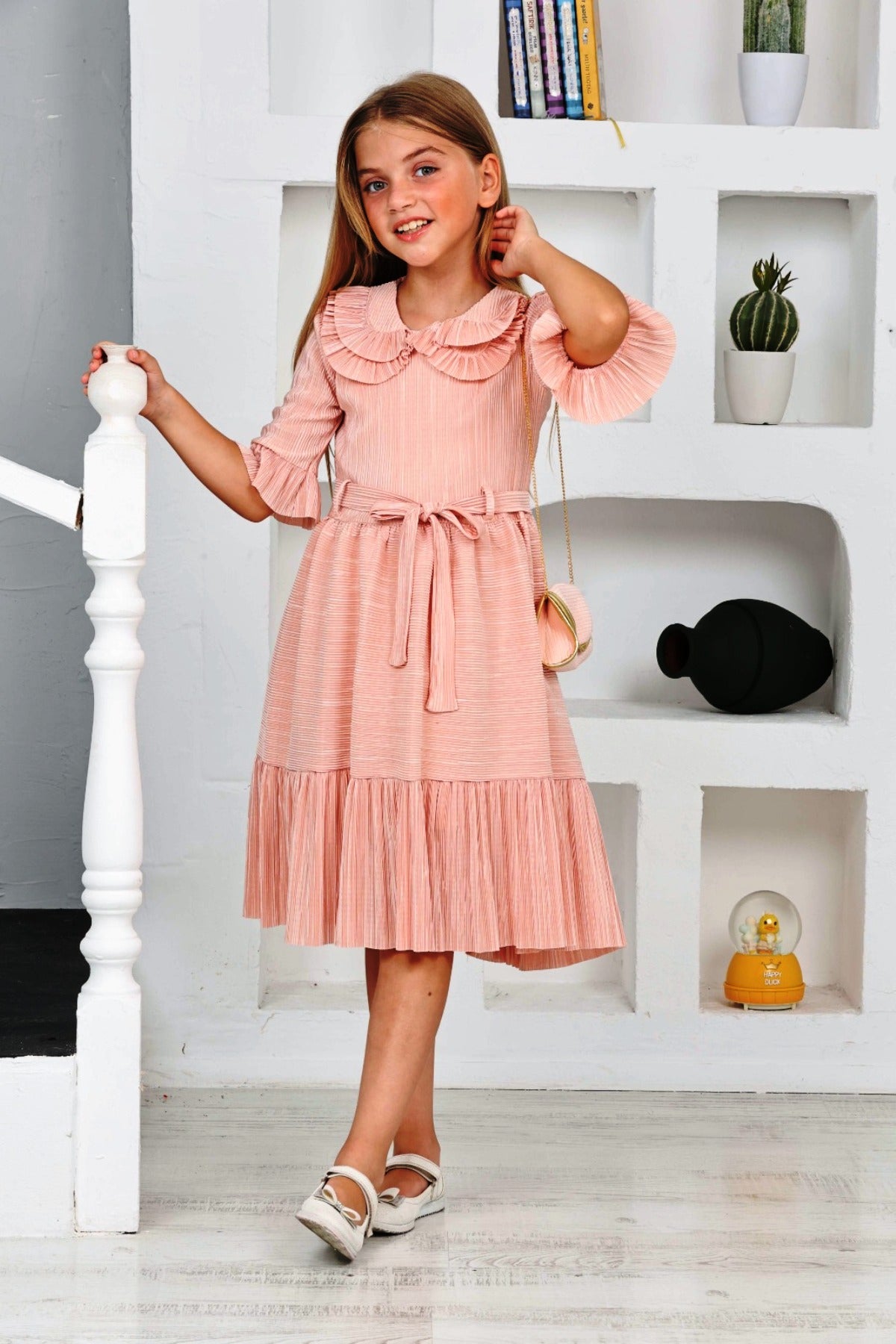 TRENDT MODA BÜRÜMCÜK KUMAŞ YAKASI FIRFIR  DETAYLI ÇANTALI KUŞAKLI FERMUARLI ASTARLI SOMON  RENK ELBİSE