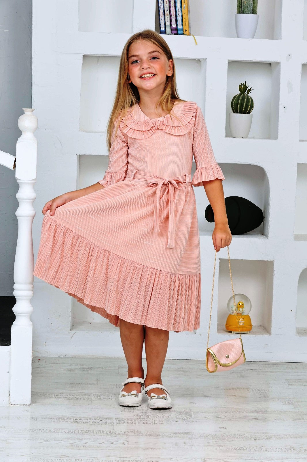 TRENDT MODA BÜRÜMCÜK KUMAŞ YAKASI FIRFIR  DETAYLI ÇANTALI KUŞAKLI FERMUARLI ASTARLI SOMON  RENK ELBİSE