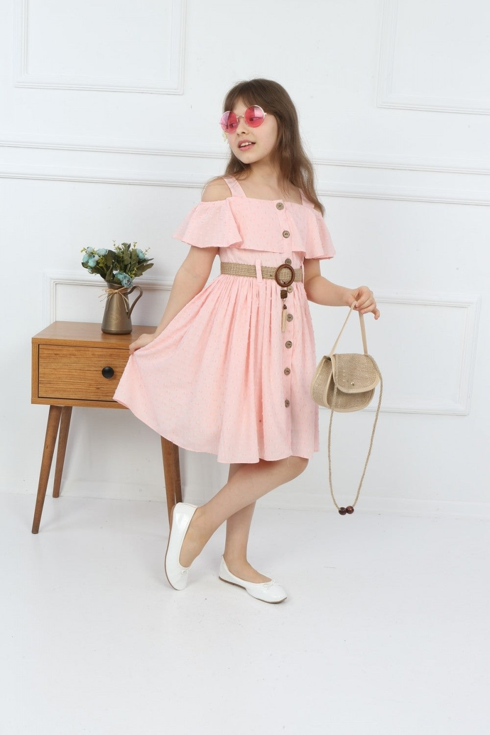 TRENDT MODA ÇANTALI BOYDAN DÜĞMELİ PEMBE RENK ELBİSE