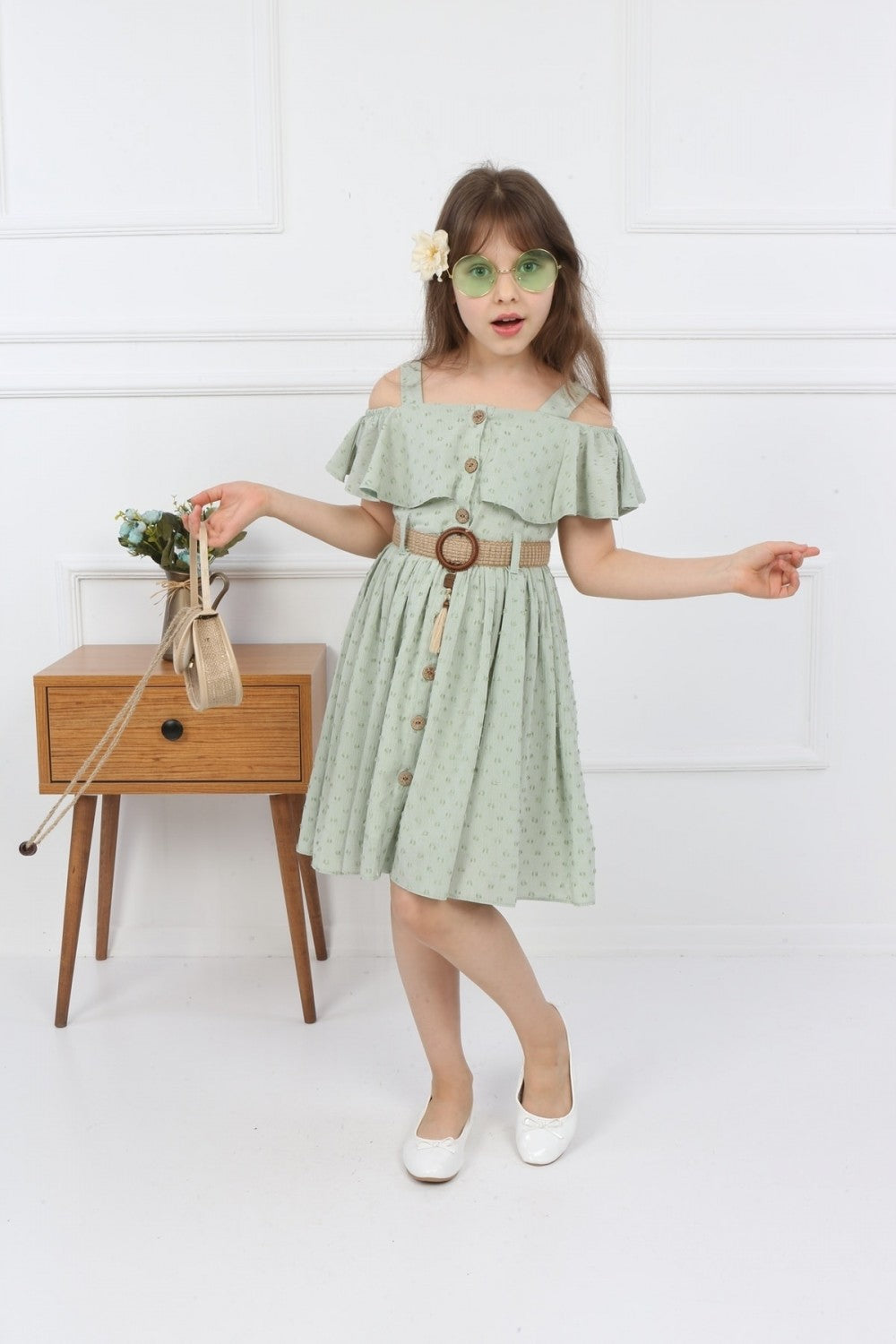 TRENDT MODA ÇANTALI BOYDAN DÜĞMELİ YEŞL RENK ELBİSE