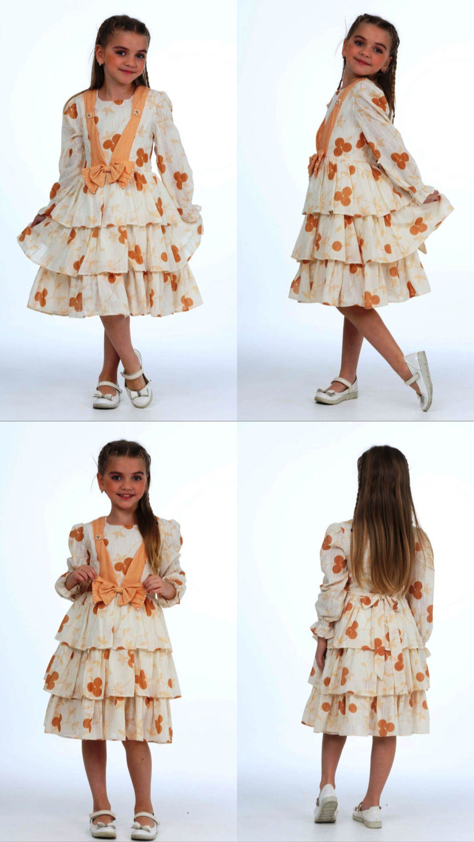 TRENDT MODA ÖNÜ FİYONKLU İNCİLİ ASTARLI KREM ÜZERİNE SARI ÇİÇEKLİ ELBİSE