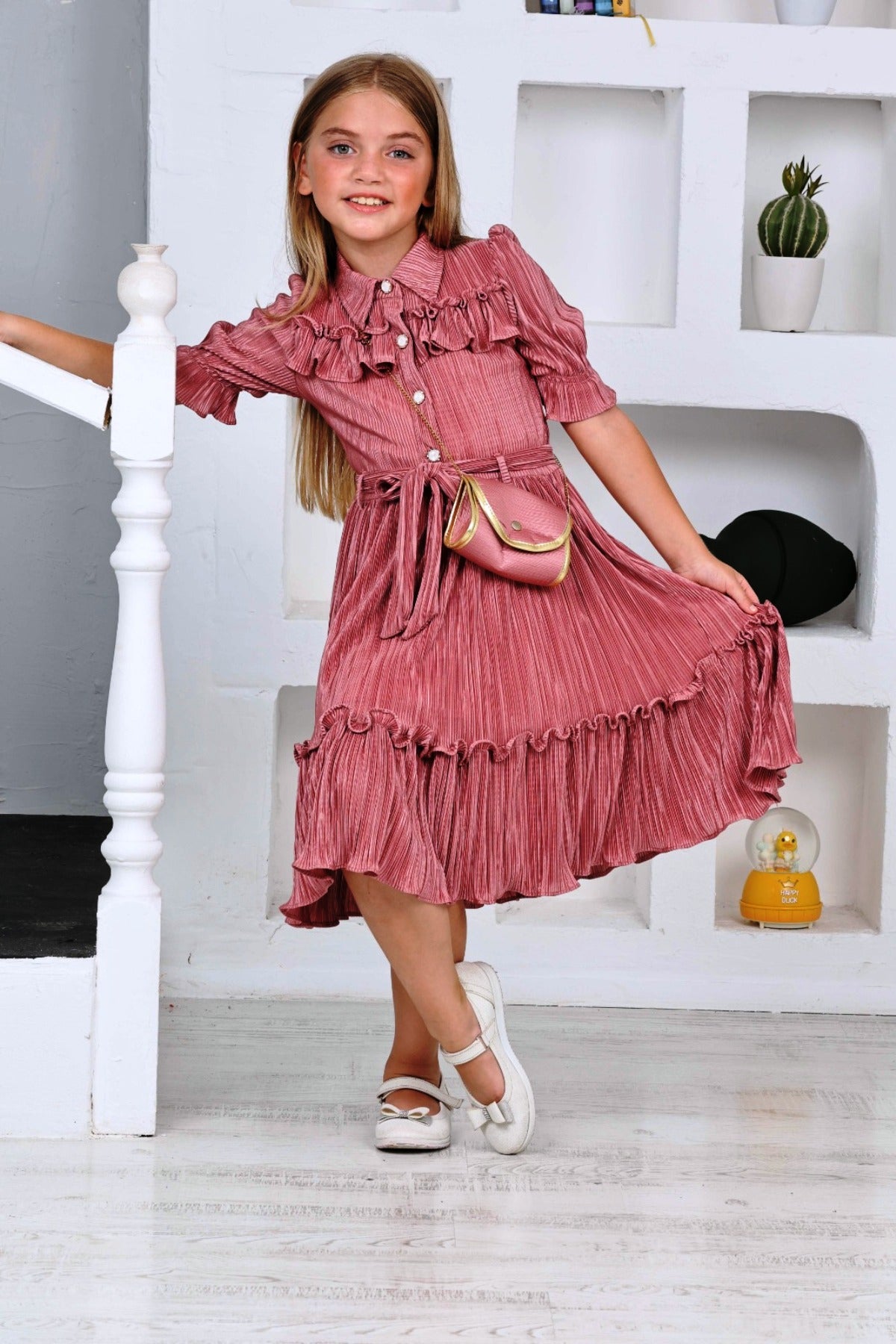 TRENDT MODA BÜRÜMCÜK KUMAŞ ÖNDEN DÜĞMELİ FIRFIR DETAYLI ÇANTALI KUŞAKLI FUŞYA RENK ELBİSE