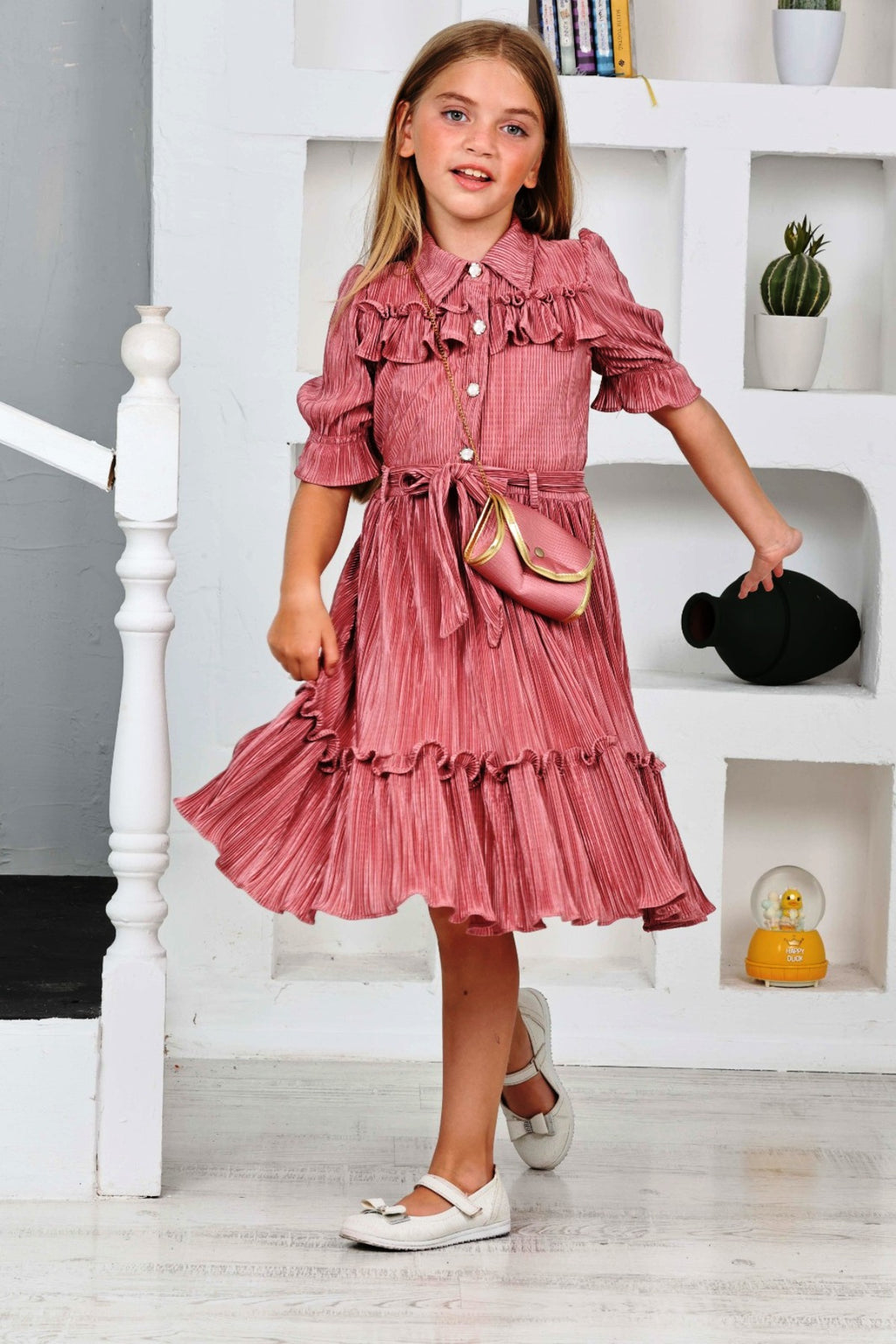 TRENDT MODA BÜRÜMCÜK KUMAŞ ÖNDEN DÜĞMELİ FIRFIR DETAYLI ÇANTALI KUŞAKLI FUŞYA RENK ELBİSE