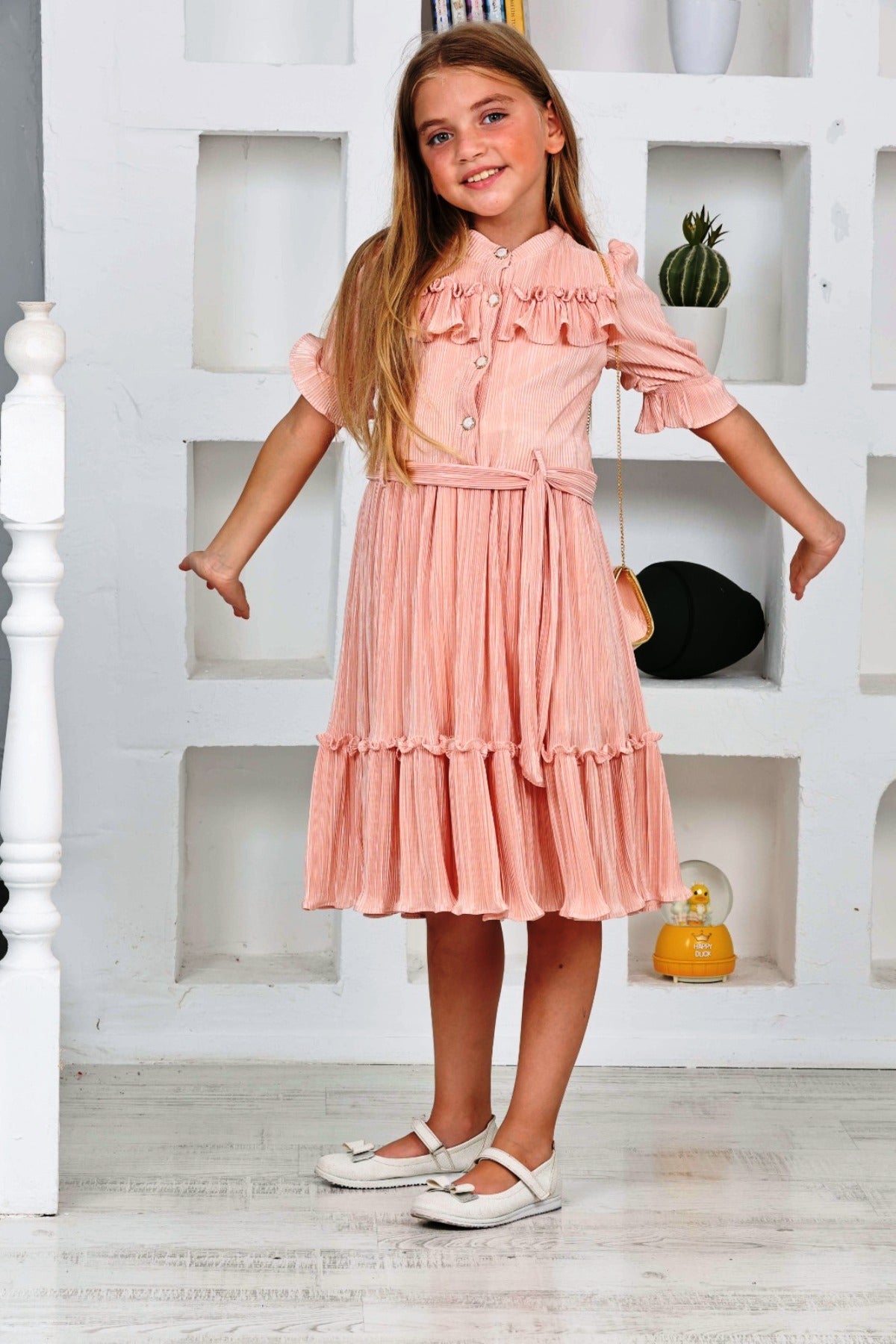 TRENDT MODA BÜRÜMCÜK KUMAŞ ÖNDEN DÜĞMELİ FIRFIR DETAYLI ÇANTALI KUŞAKLI SOMON RENK ELBİSE