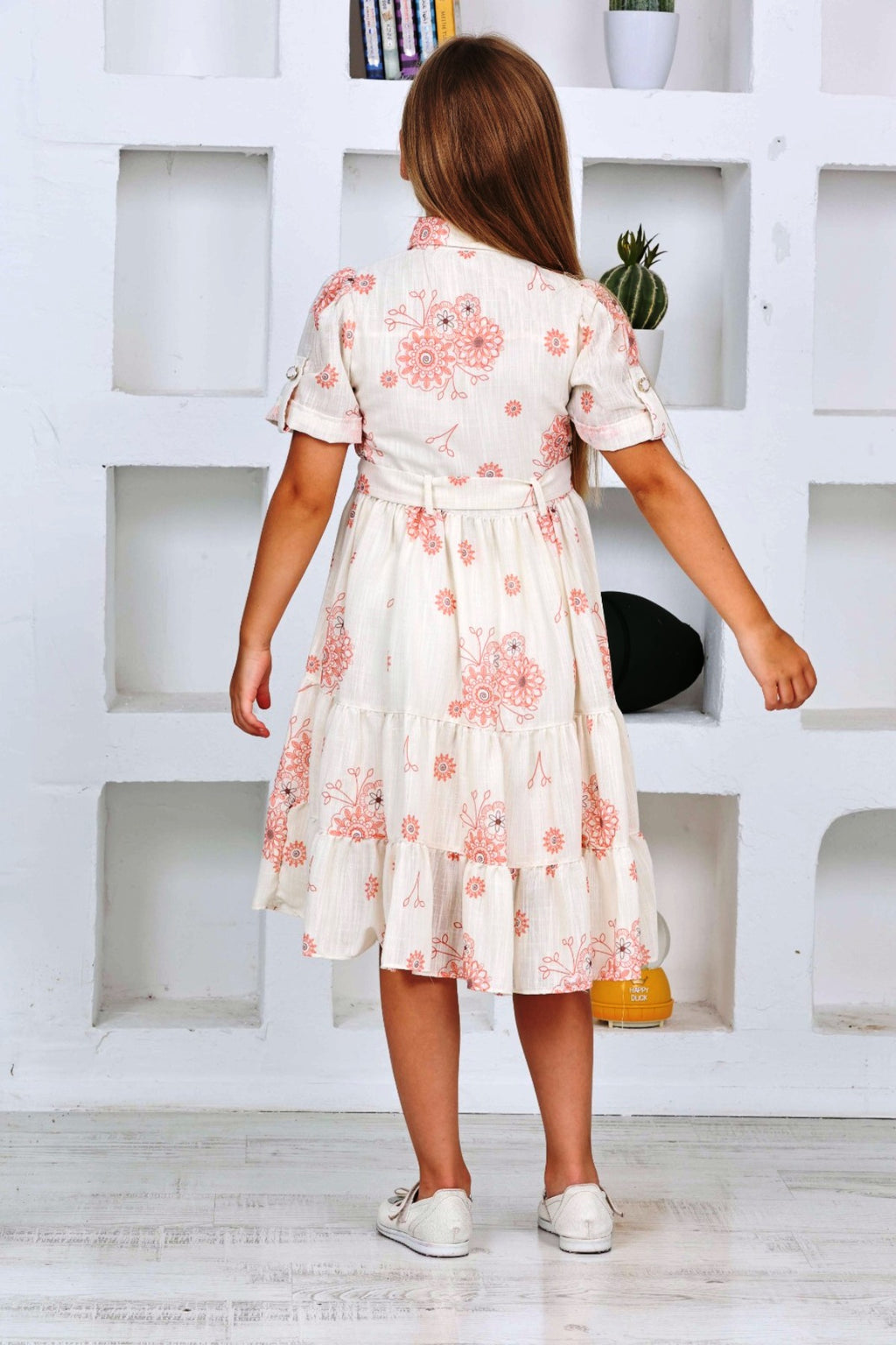 TRENDT MODA ÇİÇEKLİ KETEN KUMAŞ ÖNDEN DÜĞMELİ ASTARLI KUŞAKLI ELBİSE