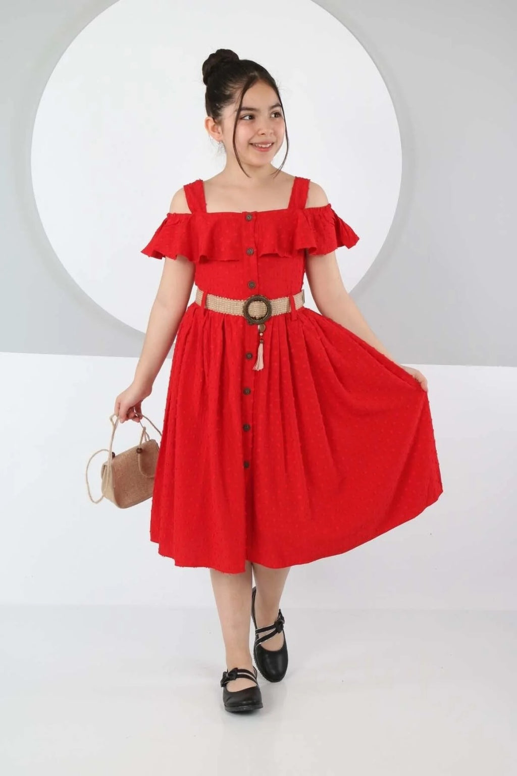 TRENDT MODA ÇANTALI BOYDAN DÜĞMELİ KIRMIZI  RENK ELBİSE