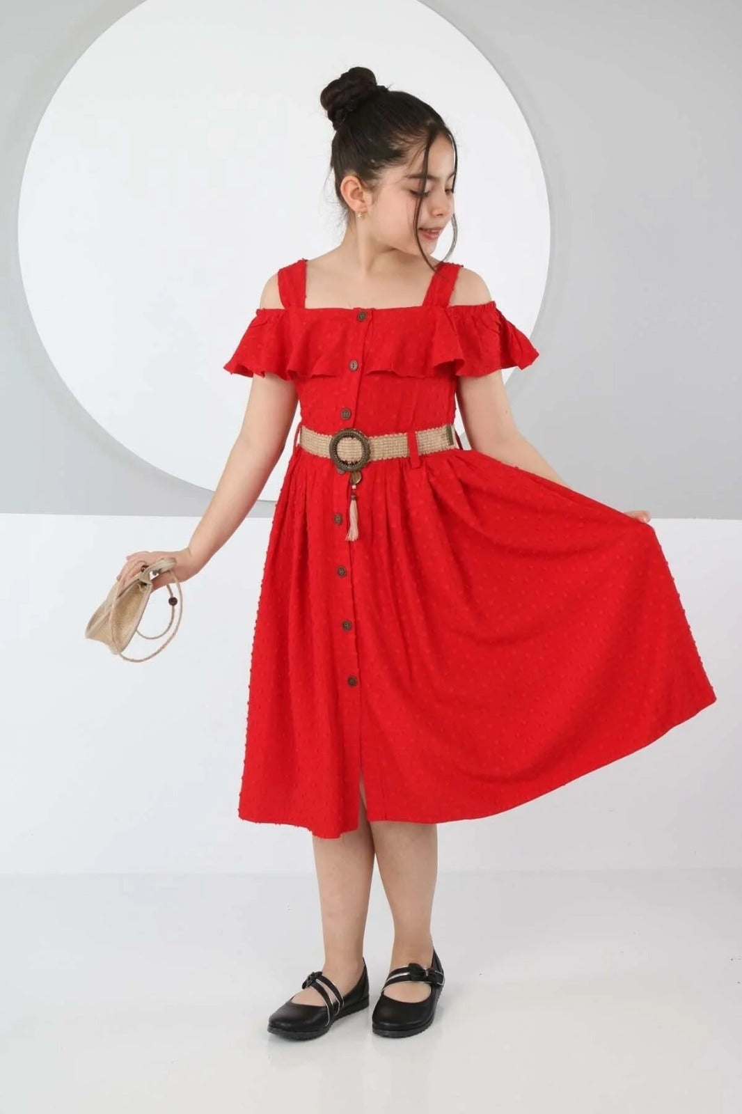 TRENDT MODA ÇANTALI BOYDAN DÜĞMELİ KIRMIZI  RENK ELBİSE