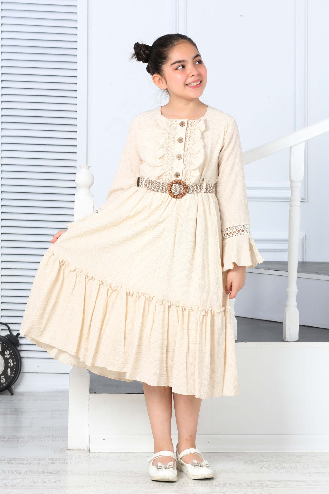 TRENDT MODA ÖNDEN GÜGMELİ KOL FİLE DETAYLI  KEMERLİ ASTARLI BEJ RENK ELBİSE
