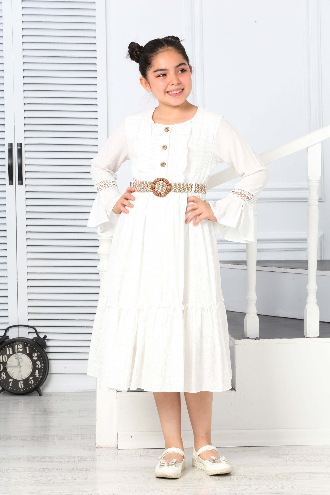 TRENDT MODA ÖNDEN GÜGMELİ KOL FİLE DETAYLI  KEMERLİ ASTARLI BEYAZ RENK ELBİSE