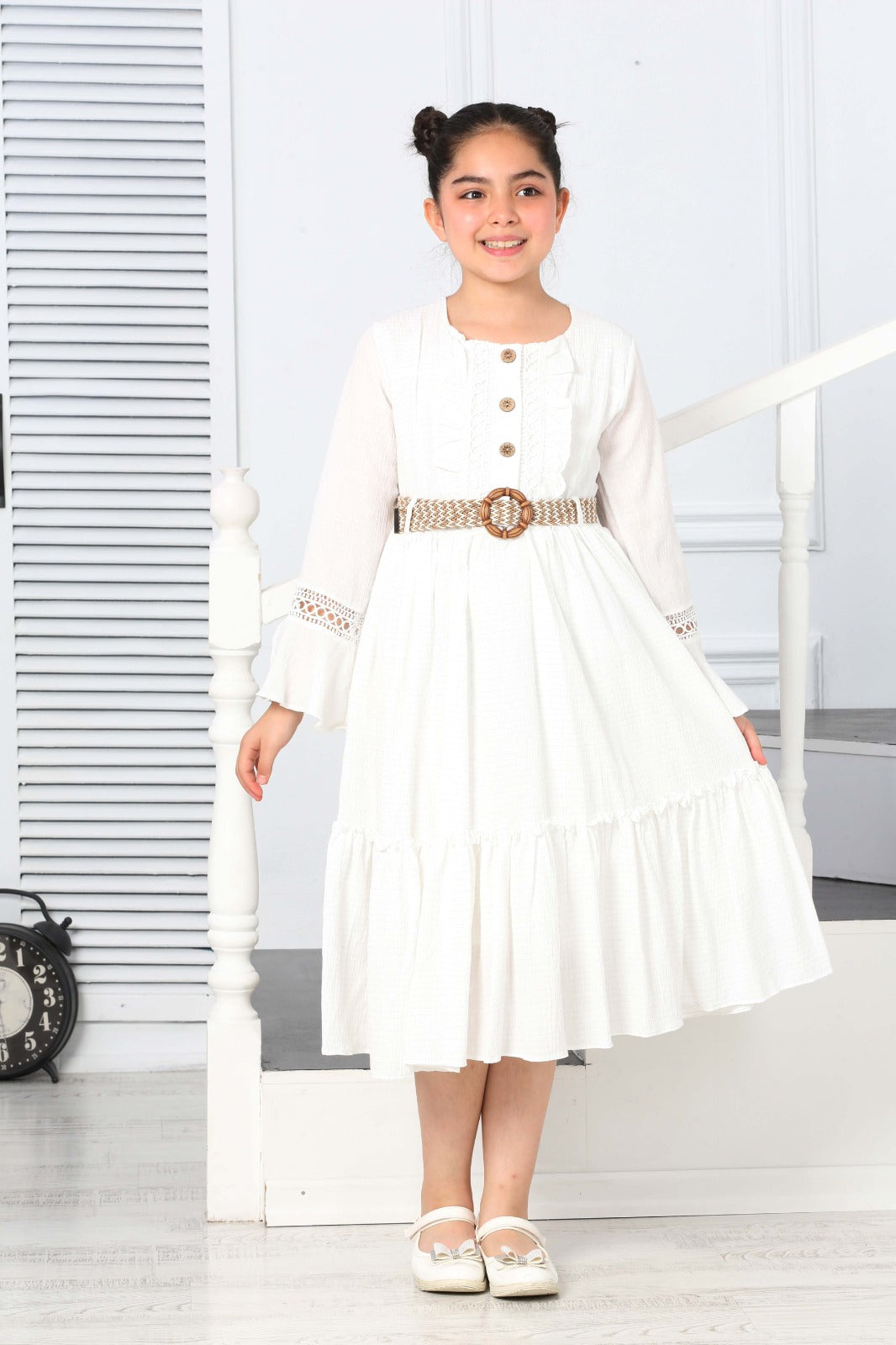 TRENDT MODA ÖNDEN GÜGMELİ KOL FİLE DETAYLI  KEMERLİ ASTARLI BEYAZ RENK ELBİSE