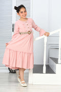 TRENDT MODA ÖNDEN GÜGMELİ KOL FİLE DETAYLI  KEMERLİ ASTARLI PEMBE RENK ELBİSE