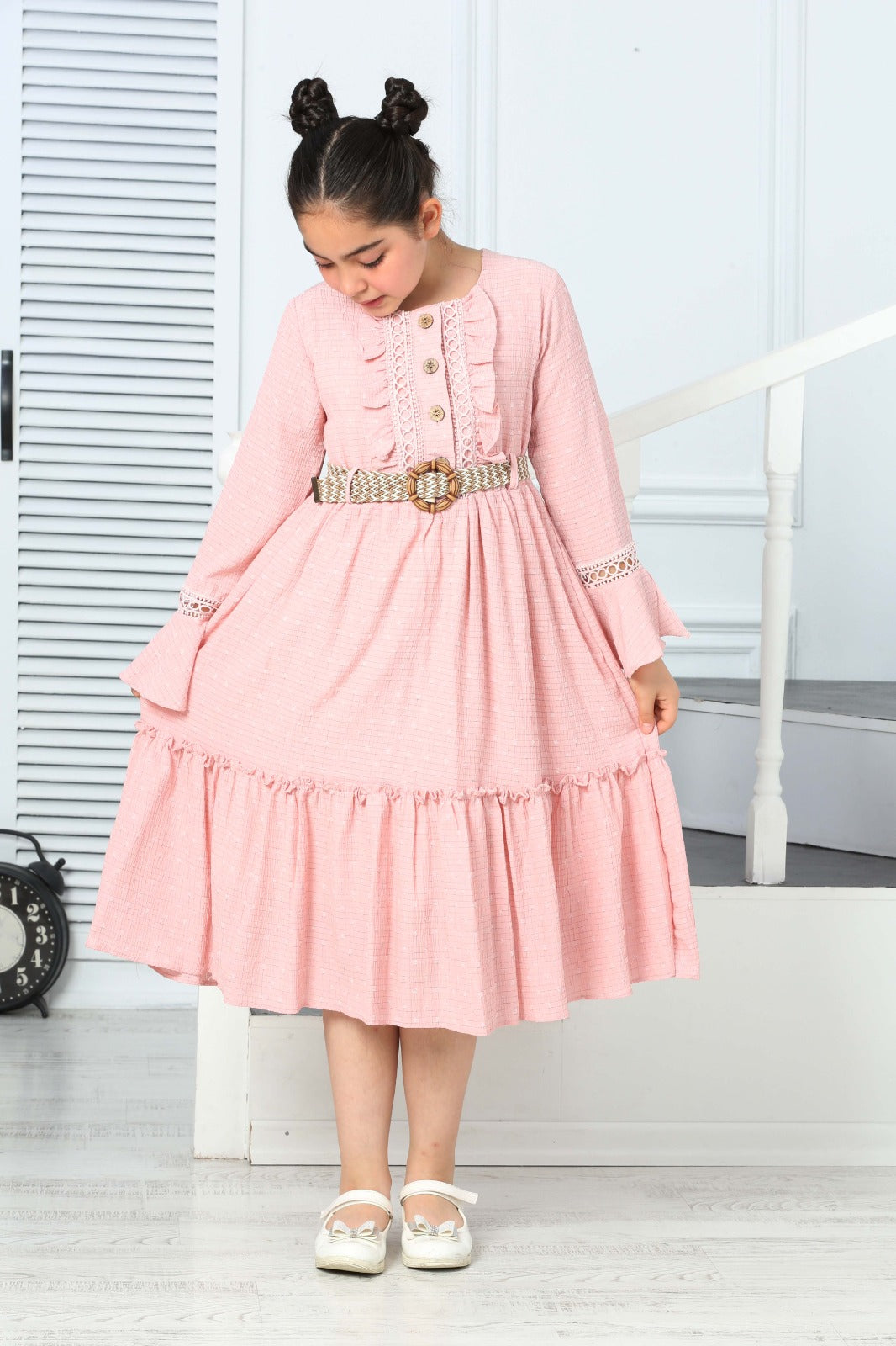 TRENDT MODA ÖNDEN GÜGMELİ KOL FİLE DETAYLI  KEMERLİ ASTARLI PEMBE RENK ELBİSE