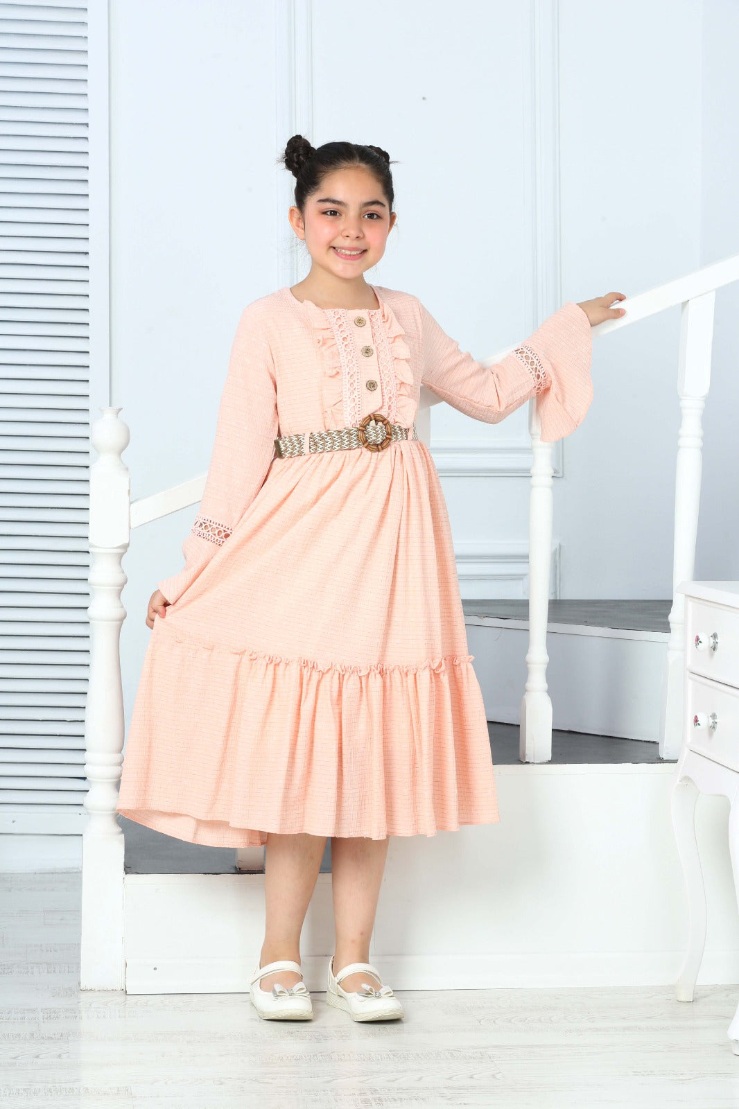 TRENDT MODA ÖNDEN GÜGMELİ KOL FİLE DETAYLI  KEMERLİ ASTARLI SOMON RENK ELBİSE