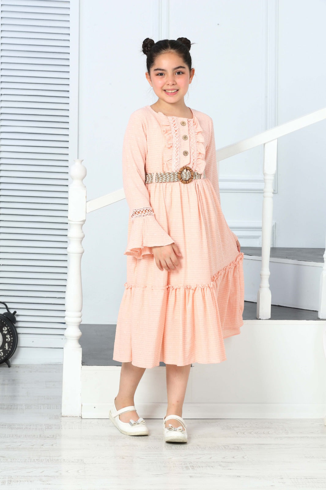 TRENDT MODA ÖNDEN GÜGMELİ KOL FİLE DETAYLI  KEMERLİ ASTARLI SOMON RENK ELBİSE