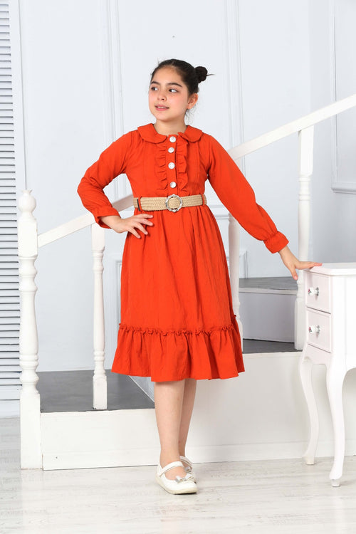 TRENDT MODA  PARLAK DÜGMELİ ÖNÜ FIRFIRLI KEMERLİ ASTARLI UZUN KOL KİREMİT RENK ELBİSE
