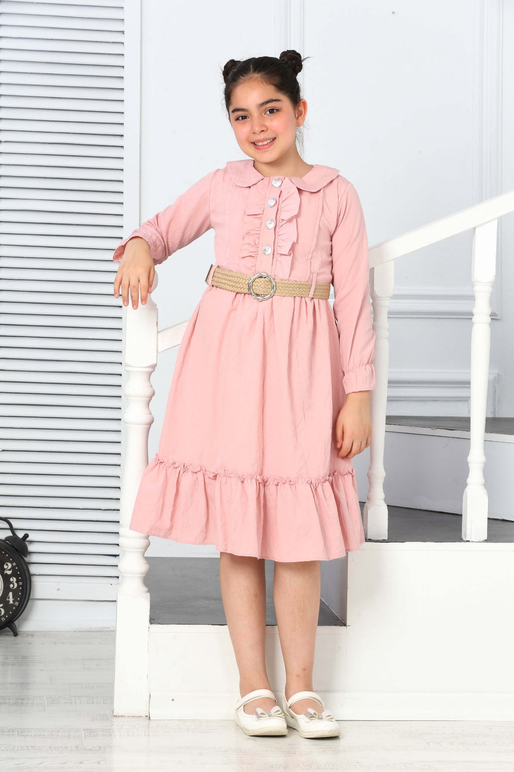 TRENDT MODA  PARLAK DÜGMELİ ÖNÜ FIRFIRLI KEMERLİ ASTARLI UZUN KOL PEMBE RENK ELBİSE