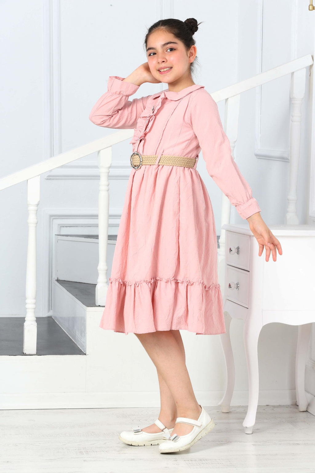 TRENDT MODA  PARLAK DÜGMELİ ÖNÜ FIRFIRLI KEMERLİ ASTARLI UZUN KOL PEMBE RENK ELBİSE