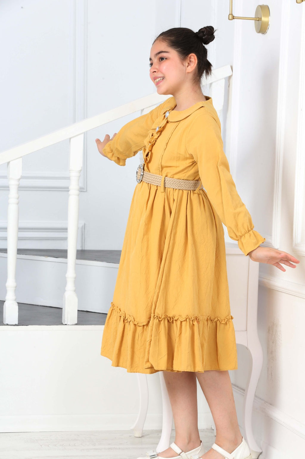 TRENDT MODA  PARLAK DÜGMELİ ÖNÜ FIRFIRLI KEMERLİ ASTARLI UZUN KOL SARI RENK ELBİSE