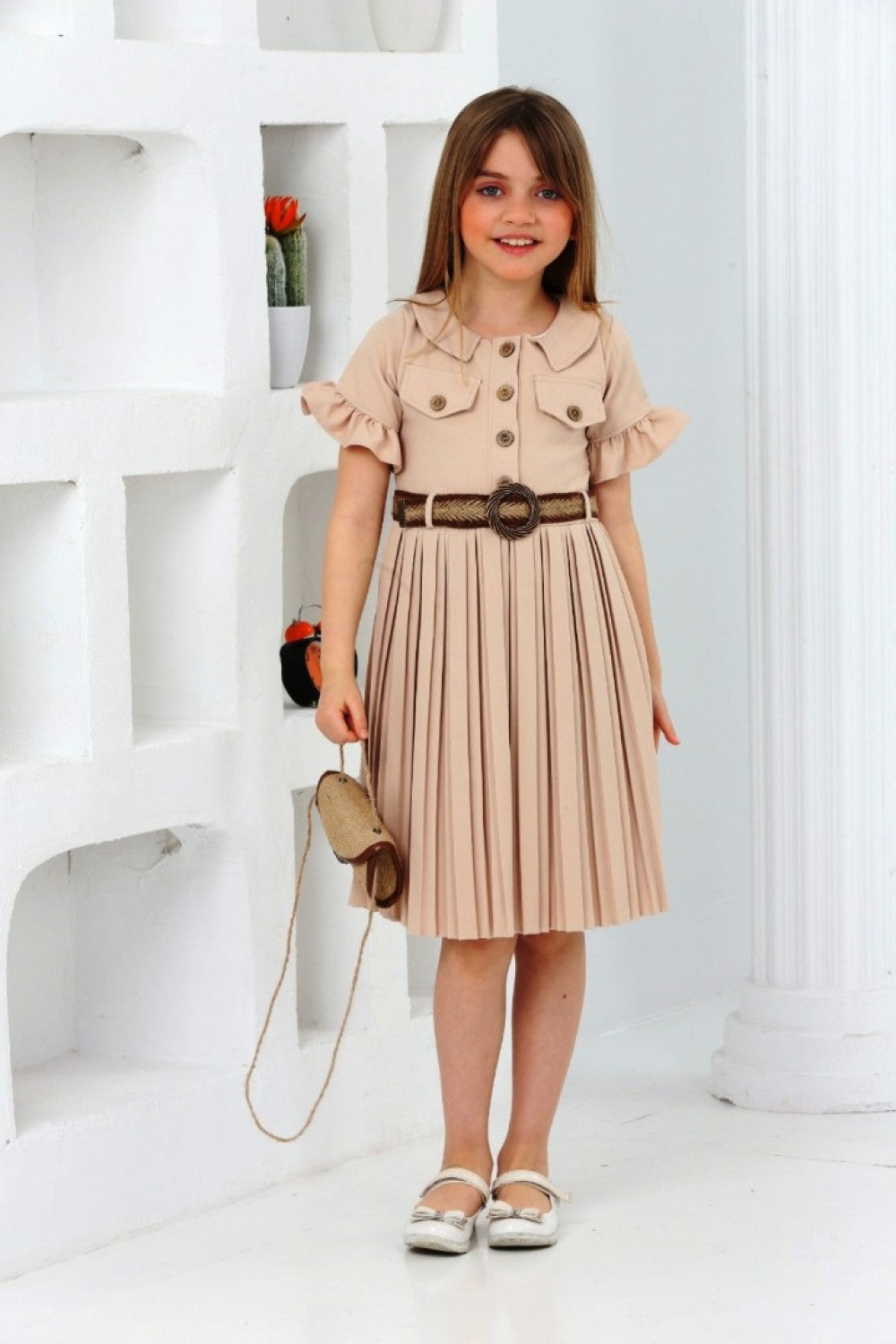 TRENDT MODA  ÇANTALI KEMERLİ BEJ RENK PİLİSELİ ELBİSE