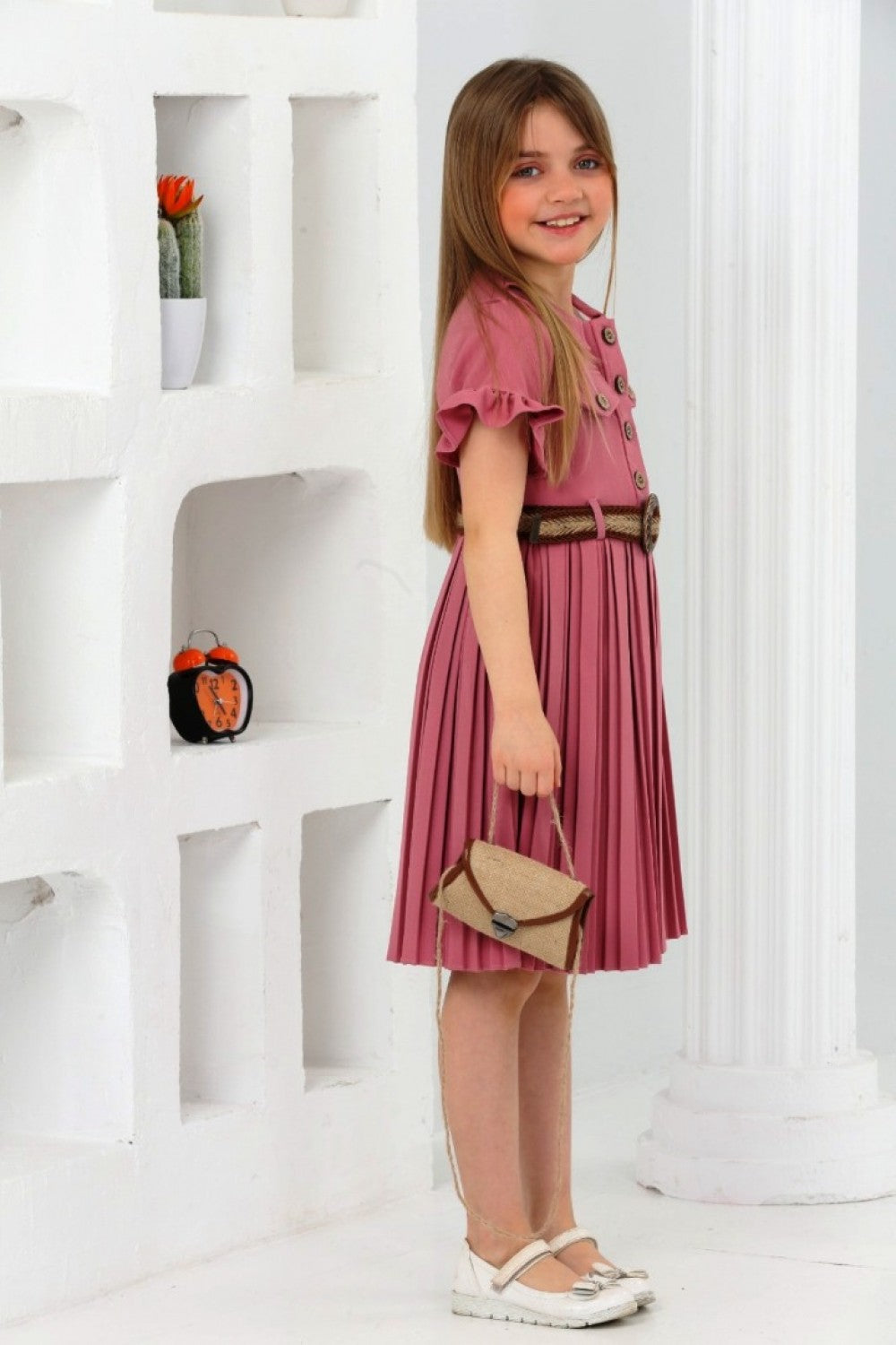 TRENDT MODA  ÇANTALI KEMERLİ FUŞYA RENK PİLİSELİ ELBİSE