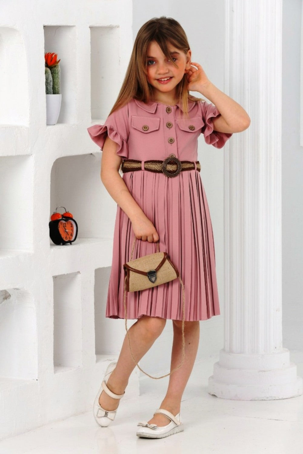 TRENDT MODA  ÇANTALI KEMERLİ PEMBE RENK PİLİSELİ ELBİSE
