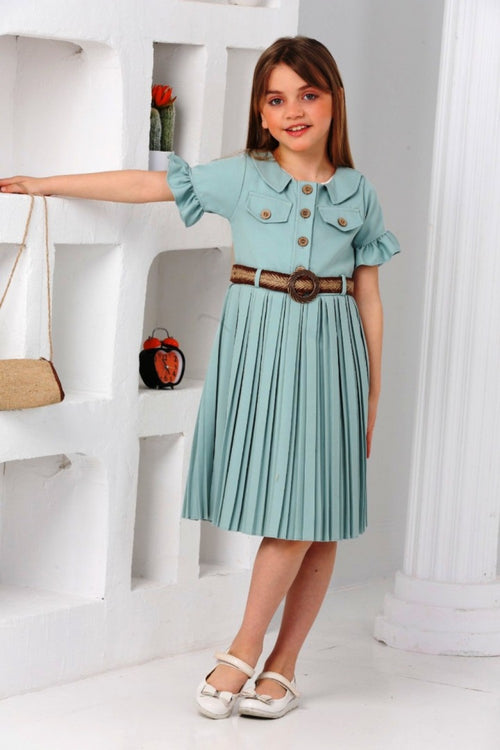 TRENDT MODA  ÇANTALI KEMERLİ YEŞİL RENK PİLİSELİ ELBİSE