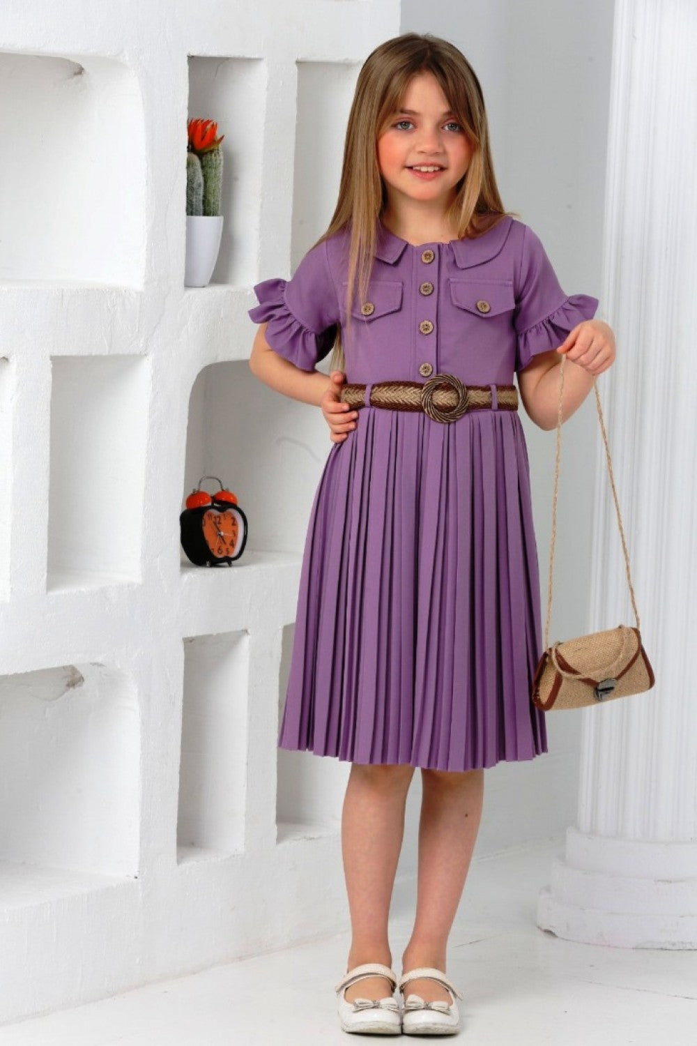 TRENDT MODA  ÇANTALI KEMERLİ MOR RENK PİLİSELİ ELBİSE