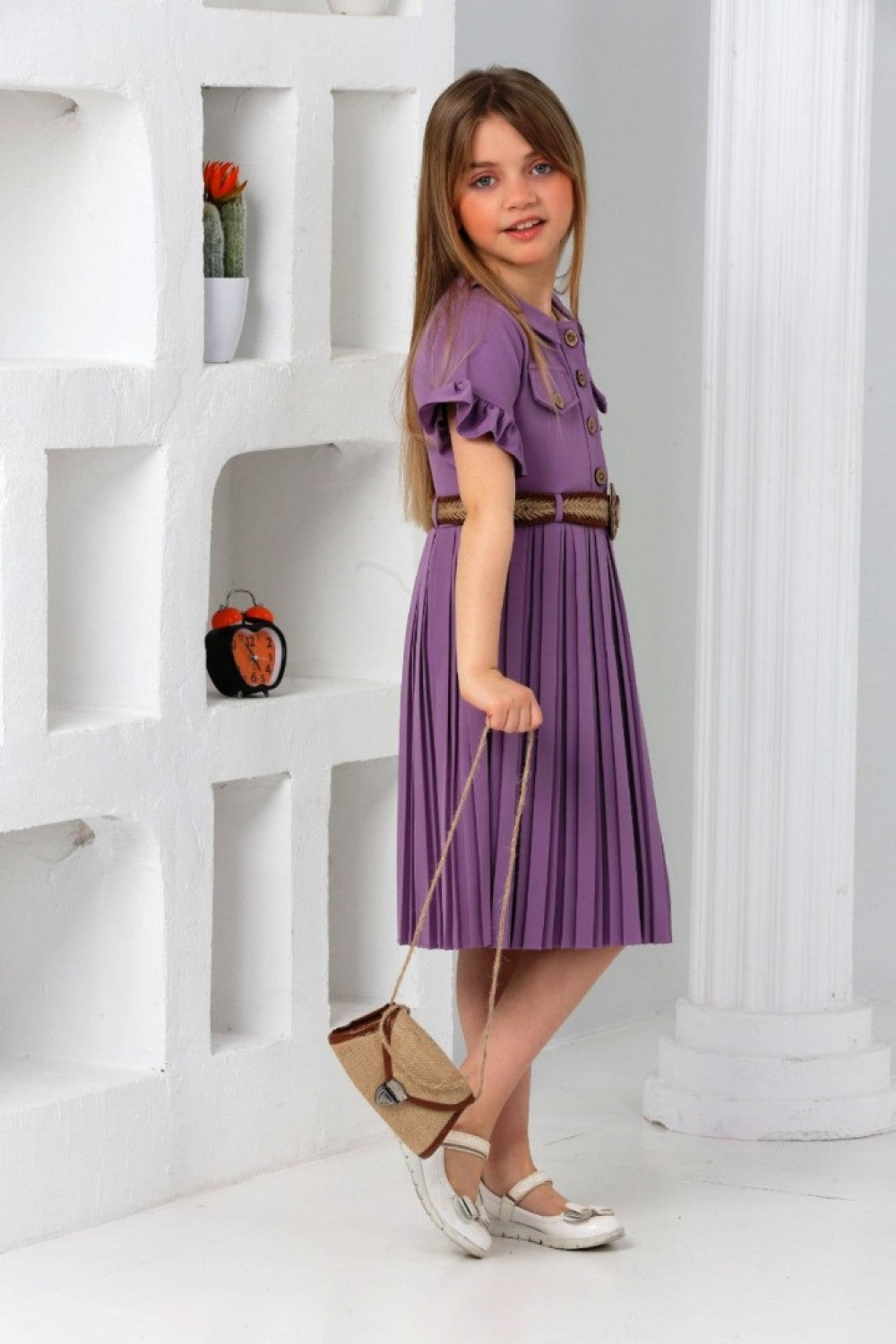 TRENDT MODA  ÇANTALI KEMERLİ MOR RENK PİLİSELİ ELBİSE