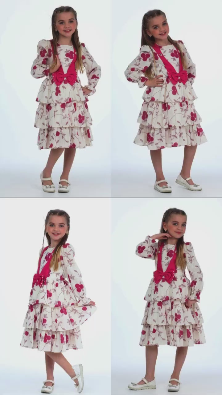 TRENDT MODA ÖNÜ FİYONKLU İNCİLİ ASTARLI KREM ÜZERİNE YEŞİL ÇİÇEKLİ ELBİSE