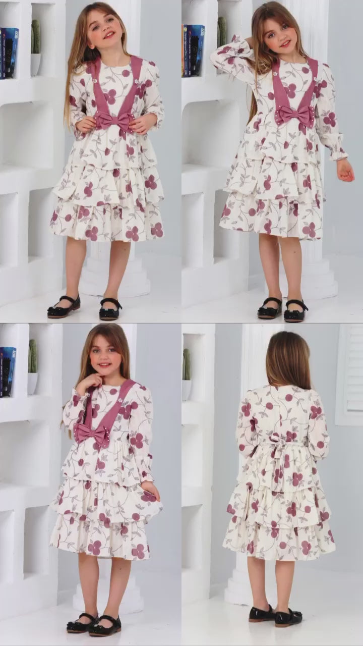 TRENDT MODA ÖNÜ FİYONKLU İNCİLİ ASTARLI KREM ÜZERİNE MAVİ ÇİÇEKLİ ELBİSE